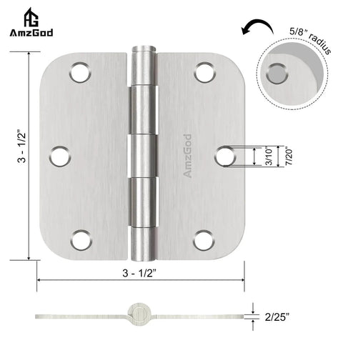 Brushed Nickel Door Hinges 30 Pack For Interior Doors, Three And A Half Inch Hinges With Five Eighth Inch Radius, Six Holes Diagram