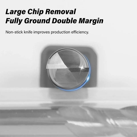 Close-up view of Three Piece Three Thirty Second Inch Two Flute Carbide Square Nose End Mill Set for Aluminum Copper and Alloys Uncoated Milling Bits for Finishing Semi Finishing Side Milling and Slotting showing large chip removal and double margin features.