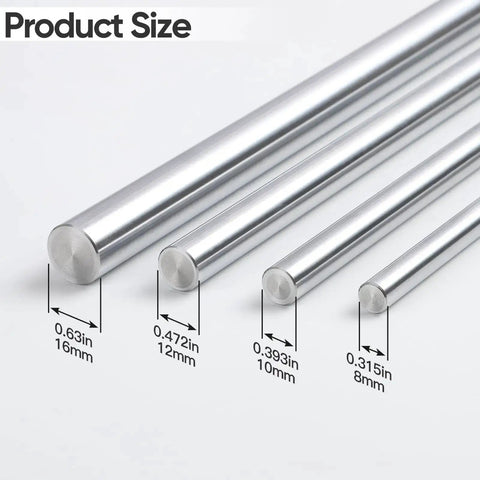 Various sizes of chrome steel rods; 16mm, 12mm, 10mm, 8mm diameter. Focus on 12mm X 400mm Linear Motion Rods Set Of 2 For CNC.