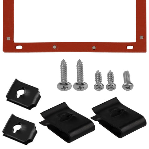 Pilot and igniter replacement kit: red mounting frame, five screws, two curved black clips, and two square retainers