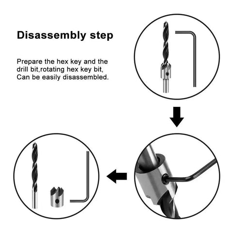 Diagram showing disassembly steps for 7 Piece Countersink Drill Bit Set For Wood High Speed Steel Bits with hex key wrench.