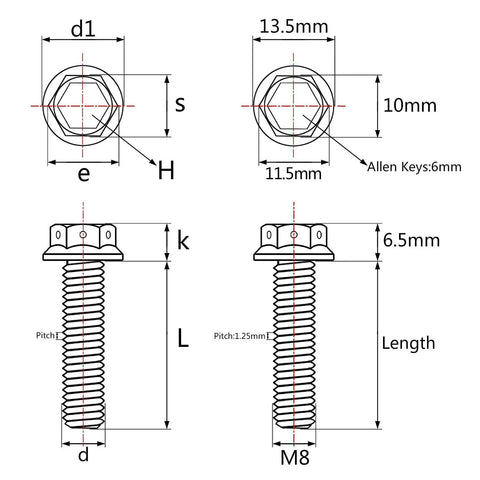 Technical drawing of Heavy Duty Titanium Flange Hex Head Bolts M8x25mm Pack Of 4 For Automotive Motorbike And Machinery 6AL4V Grade 5