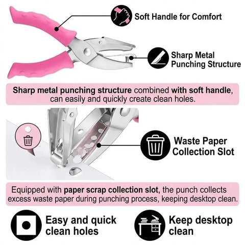 Dual Size Paper Hole Punch Set With Pink Soft Grip Handles, One Quarter Inch And One Eighth Inch Punches, metal punch tool