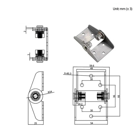 Adjustable damping hinge, stainless steel 304, high torque 6.0 N·m, 1 piece; front and side views