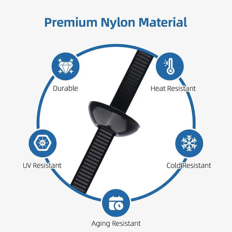 Close-up of 100 Pcs Nylon Universal Car Cable Tie Buckle Set Self Locking Zip Ties With Pin And Button Design UV features