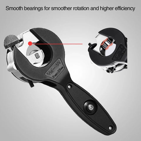 Compact One Handed Ratchet Pipe Cutter For Narrow Spaces Cuts Copper PVC PPR And Plastic Pipes From Five Sixteenths To One And One Eighth Inches Includes ComfortGrip Gloves And Pro Deburring Blade 2 In 1 Go To Tool For Plumbers And DIYers with close-up on smooth bearings.
