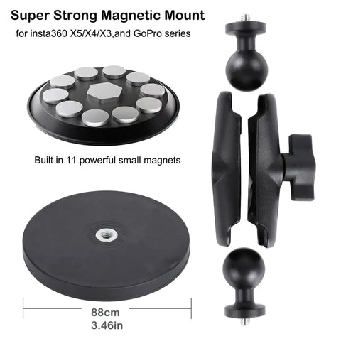 Dope Motorcycle Handlebar Magnetic Mount Kit For Action Cameras With 1/4 Inch Thread 360 Degree Rotating Ball Head Clamp Durable GoPro And Insta360 Mounts Works With X3 X4 X5 And GoPro Hero 13 12 11 10 9 8 shown with 88mm magnetic base.