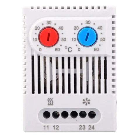 Front view of Adjustable Mechanical Thermostat Switch For Industrial Use, built tough, impact resistant, 35mm DIN rail mount.