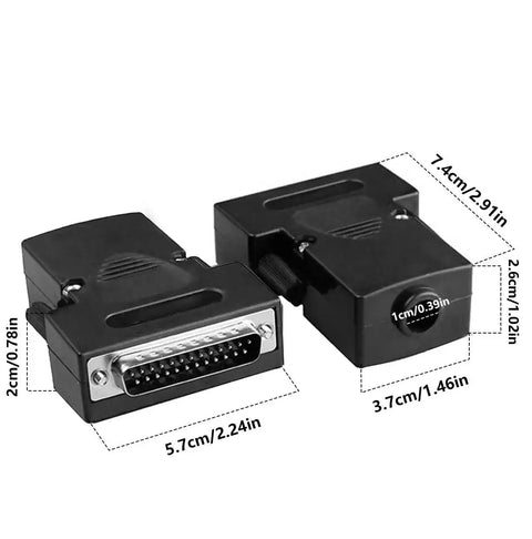 Two DB25 Solderless Male Adapter For RS232 D Sub Serial To 25 Pin Port Connector To Terminal Connector Signal Modules with dimensions labeled.