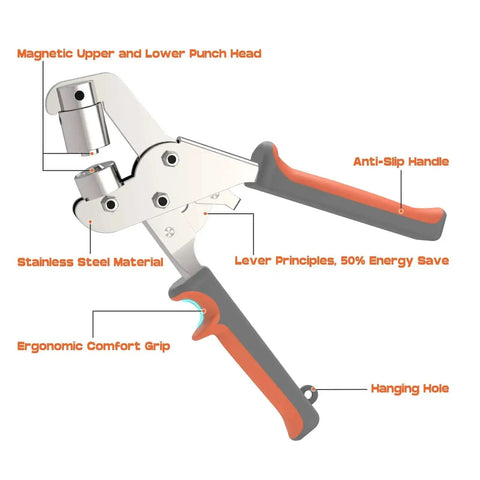 Three Eighth Inch Grommet Tool Kit Pro Grade Heavy Duty Handheld Pliers with ergonomic grip and magnetic punch head details.