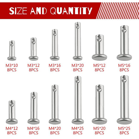 96 Piece Stainless Steel Clevis Pin Set With 12 Sizes M3 M4 M5 Flat Head And Round Head Single Hole Pins 304 Stainless Steel