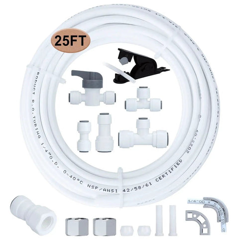 Refrigerator water line kit with 25 ft white 1/4 in tubing, compression fittings, shut-off valve, and quick-connect adapters