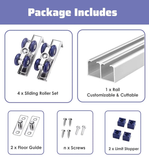 Double Track Bypass Barn Door Hardware Kit Soft Closing Mini Sliding Pocket Doors includes aluminum rails and rollers