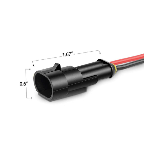 2-pin waterproof automotive wire connector, black housing with red leads, 1.67 in long, 0.6 in tall