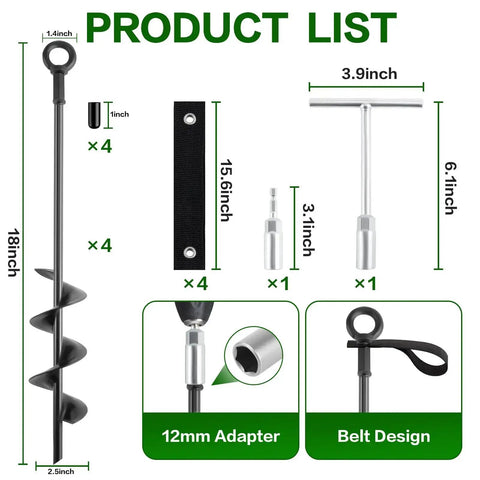 18 Inch Ground Anchors Screw In Heavy Duty Kit Quad Pack with wrenches, straps, belt design, and 12mm adapter included.