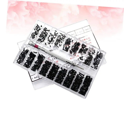 Miniature Flat Head Machine Screws Set 18 Sizes In One Handy Portable Case Carbon Steel Strong Flat Countersunk Screws For Eyeglasses Watches Notebook Electronics Repair Kit in clear plastic box with tool.