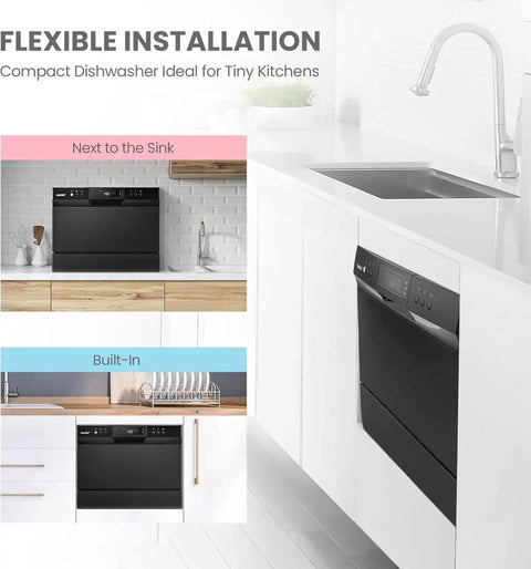 Countertop Energy Star Dishwasher With 6 Place Settings And 8 Programs For Dorms shown next to sink and built-in options