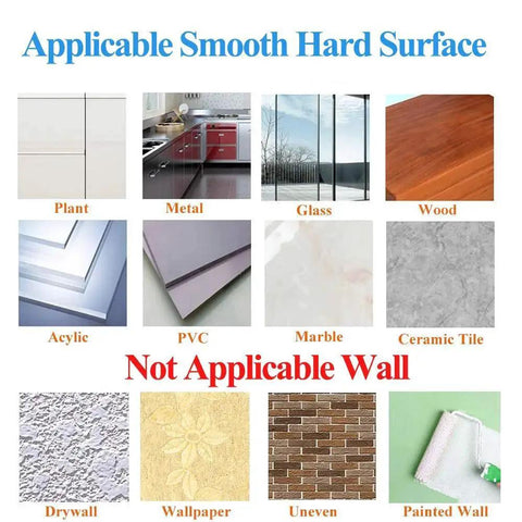 Applicable surfaces for heavy duty adhesive hooks including plant, metal, glass, wood, acrylic, PVC, marble, ceramic tile. Not for drywall, wallpaper, uneven, painted walls.