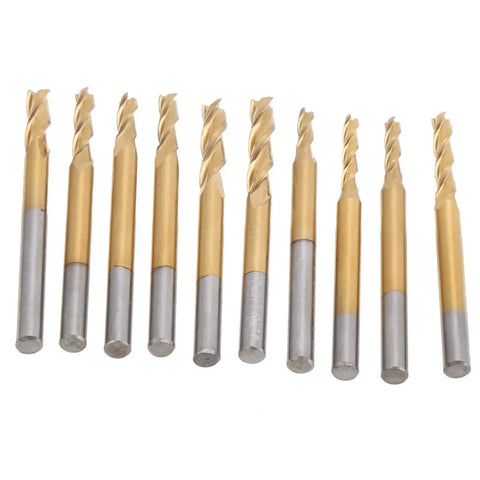 10 Piece End Mill Set With 3 Flute Round Shank CNC Milling Cutters Ti Plated Tungsten Steel For 3D Relief Engraving Drilling And Cutting Hardwood