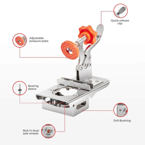 Metal Concealed Cabinet Hinge Clamp Fixture With Precision Locking Adjustable Punch Locator Stainless Steel Woodworking Jig For Easy Hinge Installation Hidden Door Hardware Tool By Imbot with labeled parts like quick-release clip and adjustable pressure plate