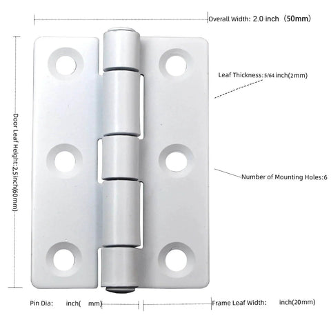 Close-up of 2.5 Inch Matt White 304 Stainless Steel Hinges With Nonremovable Pin, featuring measurements and six mounting holes.