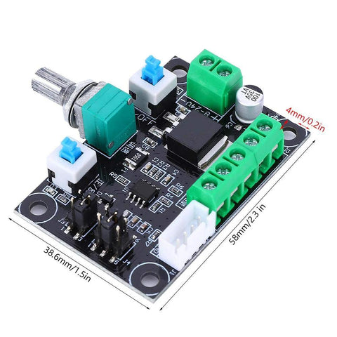 Stepper motor controller board with green screw-terminal blocks and blue jumpers on a black PCB