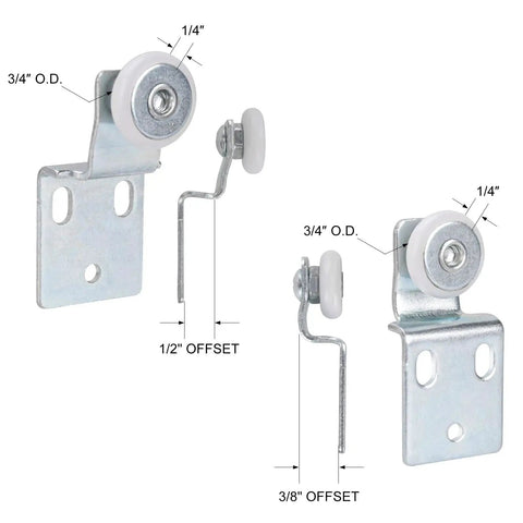Four Pair Sliding Closet Door Roller Kit For Top Hung Doors With Three Quarters Inch Convex Wheels Ball Bearing Stamped Steel Rollers And Front Panel One Quarter Inch Offset And Rear Panel Three Eighths Inch Offset Brackets showing front and side view of rollers