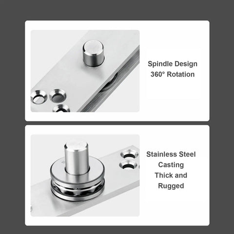 Hidden Door Hinge 360 Degree Pivot Beefy Heavy Duty Concealed Hinge For Bookcase And Murphy Doors 220 Lb Load Bearing Stainless Steel With Ball Bearing System Smooth Quiet Swing Rust Resistant Built To Last Easy Install, showing close-up of spindle design and stainless steel casting.