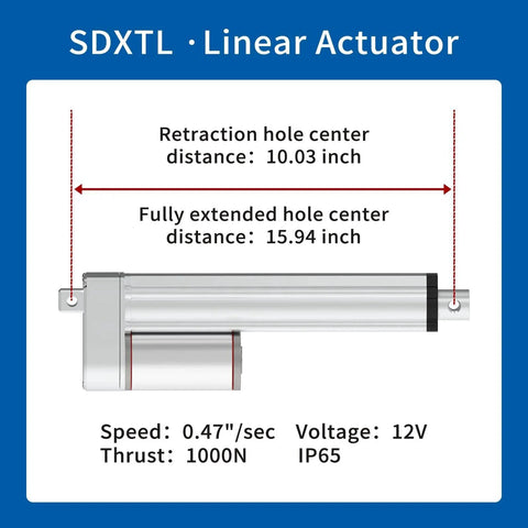 Diagram of SDXTL Linear Actuator with measurements, speed, voltage details, and thrust performance.