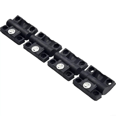 Angled front view of four black plastic adjustable torque door hinges with pre-drilled holes and screws