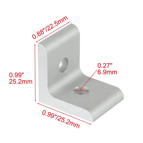 Image of a Ten Pack Of Two Hole Inside Corner Brackets For 1010 Aluminum Extrusions L Shaped Connector Heavy Duty Aluminum Brackets Smooth Edges Easy To Install And Reuse Each Bracket Measures 0.99 By 0.99 By 0.88 Inches showing dimensions and hole size.