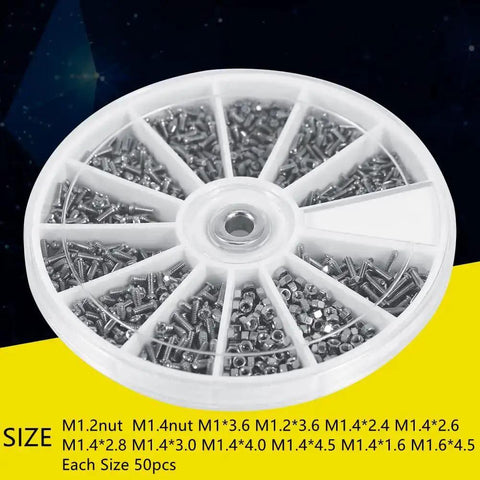 600Pcs Flat Head Screws With Nuts Assortment Kit For Watches And Electronics Includes 12 Sizes M1 M1.2 M1.4 M1.6 Carry Case