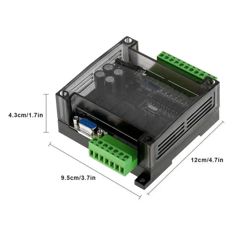 DC 24V FX1N 14MR PLC with relay output, showing dimensions 12x9.5x4.3 cm, transparent casing, connectors visible, for automation projects.