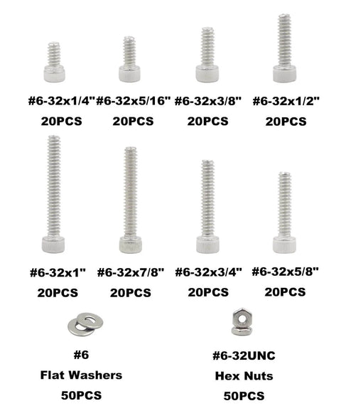 260-Piece 6-32 UNC Stainless Steel Socket Head Cap Screw Kit With Hex Nuts And Flat Washers, shown with various sizes