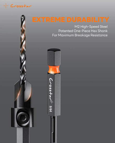 Close-up of All In One Countersink Drill Bit Set With Wood Plug Cutter And Stop Rings For Pros And DIYers Crosstar 18 Piece Kit.
