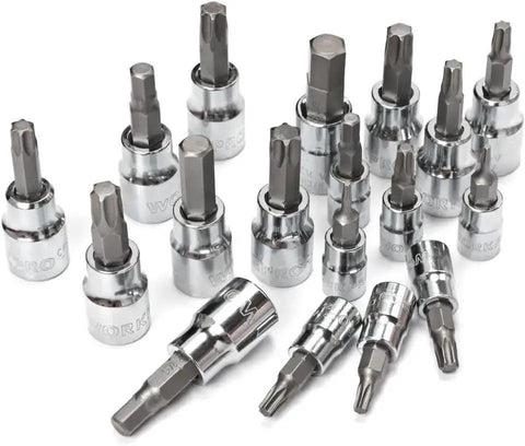 Heavy Duty 450 Piece Drive Socket Set With Quick Release Ratchet Wrench Includes Half Inch Quarter Inch And Three Eighths Inch Drives Chrome Finish For Rust Resistance Metric And Imperial Spanners And Bits Kit Close-up of various steel bits