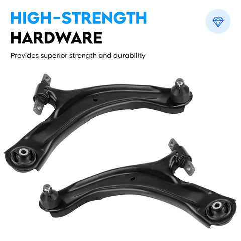 Pair of black front lower control arms for Nissan Rogue (2008-2015) with bushings