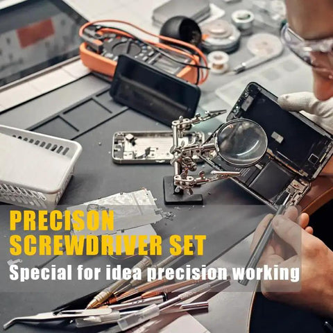 Person using Dope 27 In 1 Magnetic Mini Screwdriver Set on electronics at repair desk with tools and magnifying glass
