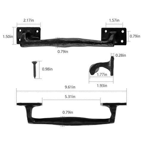 Nine and Three Quarters Inch Rustic Cast Iron Gate Handle for Sliding Barn Doors Vintage Metal Gate Pull Long Cabinet and Fence Handles Heavy Duty Black Finish Easy Install Ideal for Garage Outdoor Closet Interior Weatherproof and Durable 2 Pack dimensions diagram with screws