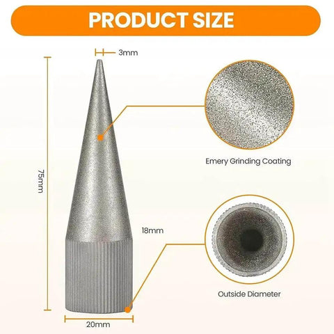 Diagram of Leather Round Hole Punch and Edge Sharpener Tool 3-16mm Emery Coated Polisher Grinder, showing sizes and emery coating.