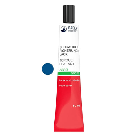 Blue Threadlocker Paint 50 Ml Tube That Locks Screws Tight Water Based Solvent Free Food Safe Tamper Proof Made In Germany Since 1962 Great For Automotive Aviation Electronics, displayed in a red and white tube labeled "Torque Sealant."