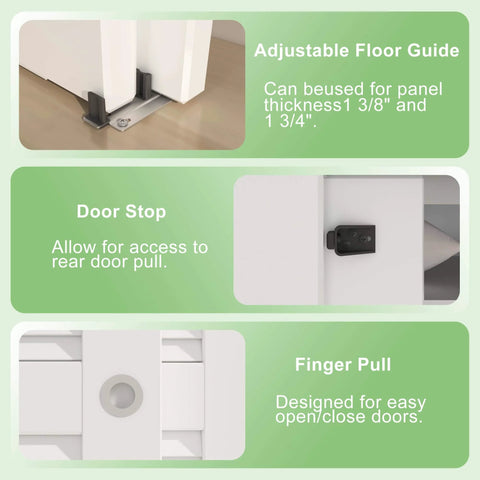 Adjustable floor guide, door stop, and finger pull features of 4 Ft Aluminum Bypass Barn Door Hardware Kit With Double Closing Sliding Closet System Heavy Duty Finger Pull Included Ultra Smooth Quiet Operation Fits Door Thickness 1 3 8 Inch Or 1 3 4 Inch Silver Finish.