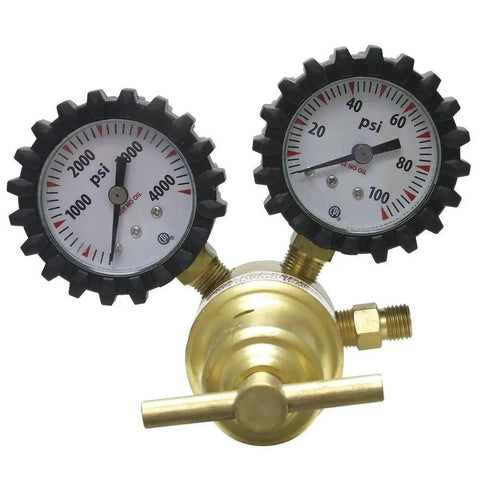 Front view of Centurion Series Oxygen Regulator RO100 with dual gauges, A outlet connection, and brass body for welding, medical use.