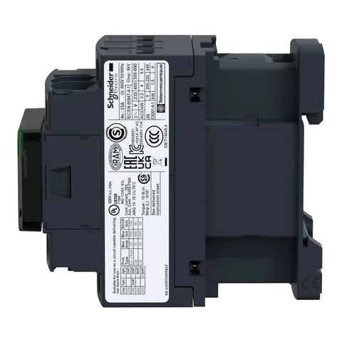 Side view of LC1D Series 24V AC Contactor 18 Amp Heavy Duty Motor Starter with 3 Poles, ideal for machinery control panels.