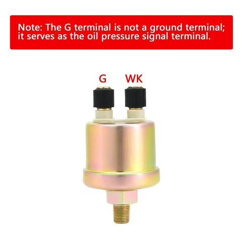 Oil pressure sensor for All In One 52mm 2-1/16 Inch Triple Gauge Kit with labeled terminals, G and WK, and note on usage.