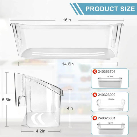 Refrigerator Door Bin Shelf Replacement 242126602 dimensions with 16in width; side view shows durable polypropylene frame.