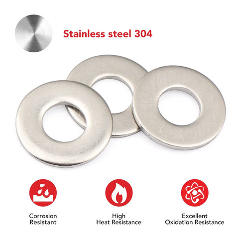 Three stainless steel flat washers, #10 x 1/2 inch, 304 stainless steel, smooth finish.