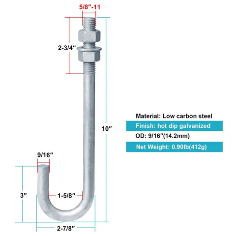4 Pack J Bolt Anchor Set Five Eighths Inch By Eleven Threads For Concrete Posts Decks And Fences Hot Dip Galvanized Steel