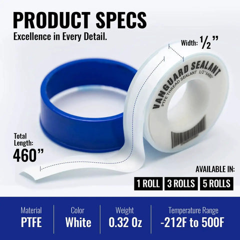 High Density PTFE Plumbers Tape For Shower Heads Faucets And Water Line Connections Half Inch Wide White 460 Inch Length