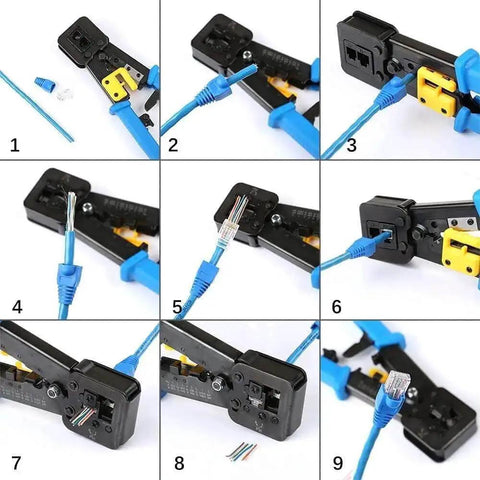 Pro Grade RJ45 Crimp Tool Pass Through Kit With 5 Replacement 8 Pin Blades for Cat5 Cat5e Cat6 Ethernet cables RJ11 RJ12